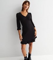 New Look Black V Neck 3/4 Sleeve Frill Mini Dress